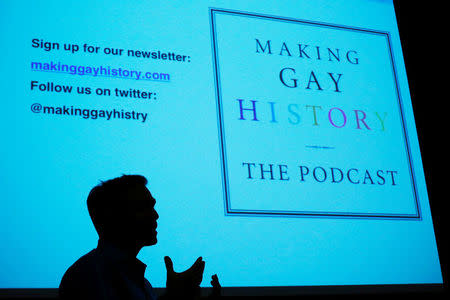 Eric Marcus, creator and host of the "Making Gay History" podcast, speaks during a training session with the group History Unerased (HUE), which aims to provide educators with materials about the role lesbian, gay bisexual and transgender people have played in the history of the United States, in Lowell, Massachusetts, U.S., May 18, 2017. Picture taken May 18, 2017. REUTERS/Brian Snyder