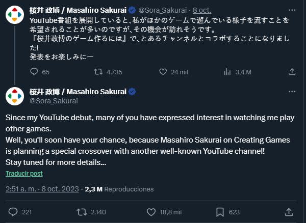 Masahiro Sakurai celebrará un crossover con un popular canal de YouTube