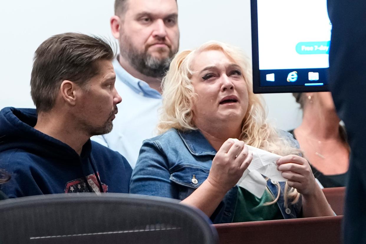 Shawna Bobst, mother of slain 18-year-old Layton Ridgedell, listens as prosecutors outline the fatal shooting of her son during an Oct. 10, 2023 hearing for Terrell Hicks-Freeman, a then-15-year-old who along with another then-15-year-old Baron Anderson, are each charged with two delinquency counts of murder in connection with the June 2022 killings of Ridgedell and the teens' friend, Makhy Andrews, 15. Franklin County Juvenile Judge George Leach will determine whether Terrell will be tried in adult court in December on the murder charges.