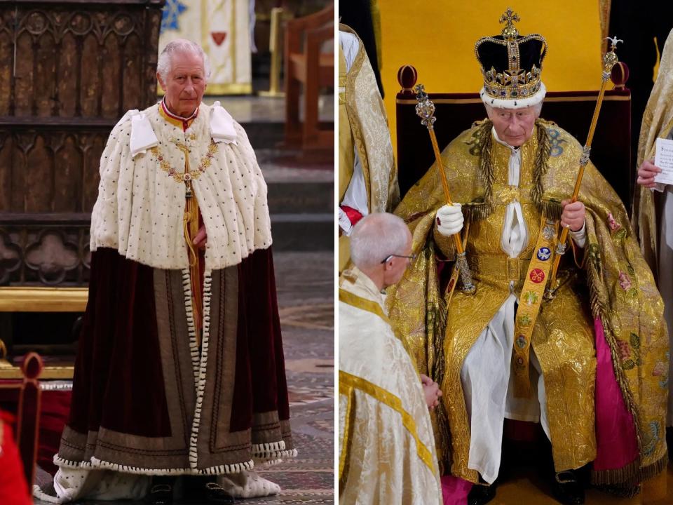 A split image of King Charles wearing two different robes at the coronation.