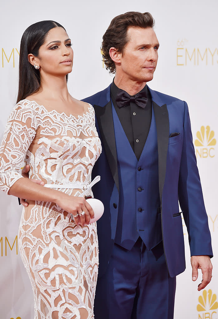 <p>In blue and black at the 66th Annual Primetime Emmy Awards 2014 [Photo: Getty] </p>