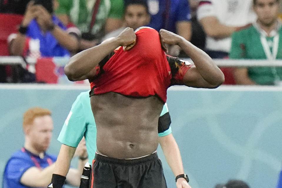 Belgium's Romelu Lukaku reacts after missing a chance to score during the World Cup group F soccer match between Croatia and Belgium at the Ahmad Bin Ali Stadium in Al Rayyan , Qatar, Thursday, Dec. 1, 2022. (AP Photo/Luca Bruno)