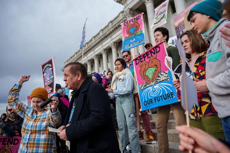 Former chairman of the Northwestern Band of the Shoshone Nation Darren Parry speaks at a “Rally to Save Our Great Salt Lake” at the Capitol building in Salt Lake City on Saturday, Jan. 14, 2023. | Trent Nelson, The Salt Lake Tribune