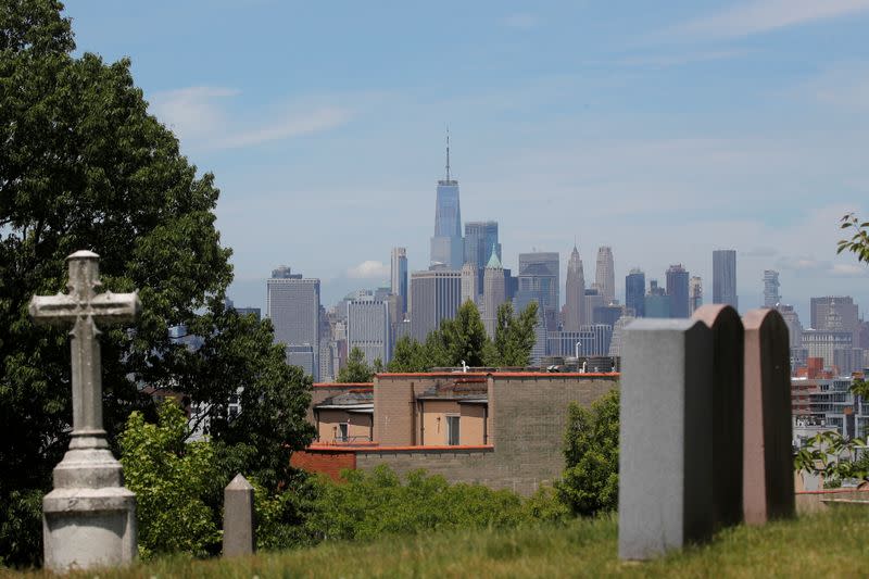 A view of One World Trade Center and lower Manhattan from The Green-Wood Cemetery, during the outbreak of the coronavirus disease (COVID-19) in Brooklyn, New York