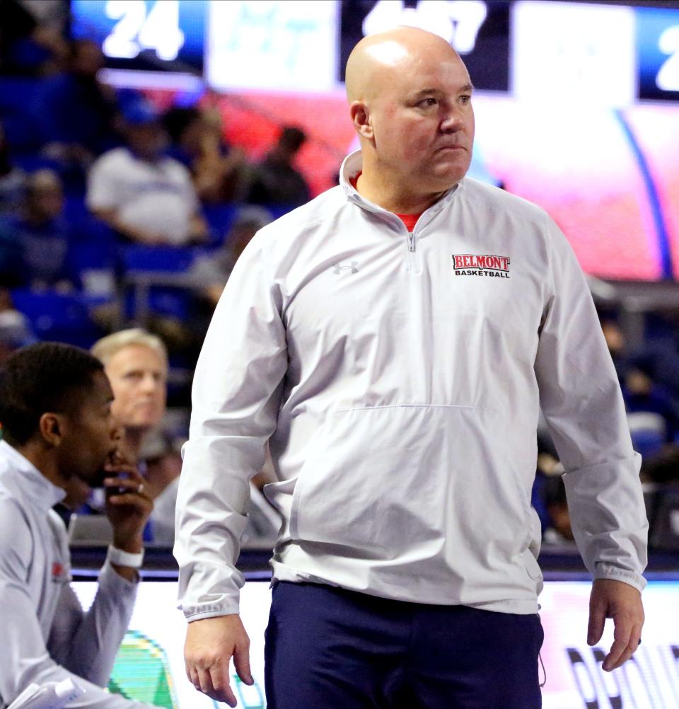 Belmont head Mens' coach Casey Alexander on the sidelines during the men’s basketball game against Middle Tennessee on Saturday, Dec. 9, 2023, at MTSU..