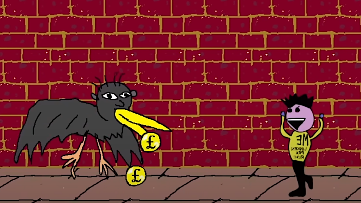  Jerry Jackson engages in deadly battle with a Manky Bird amidst a red brick background. There are pound coins, which have dropped from the fell beast after Jerry stomped on its head. 