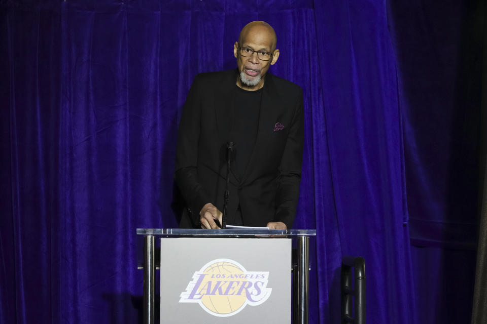 Kareem Abdul-Jabbar speaks during the unveiling of a statue in honor of former Los Angeles Lakers guard Kobe Bryant outside the NBA basketball team's arena, Thursday, Feb. 8, 2024, in Los Angeles. (AP Photo/Eric Thayer)