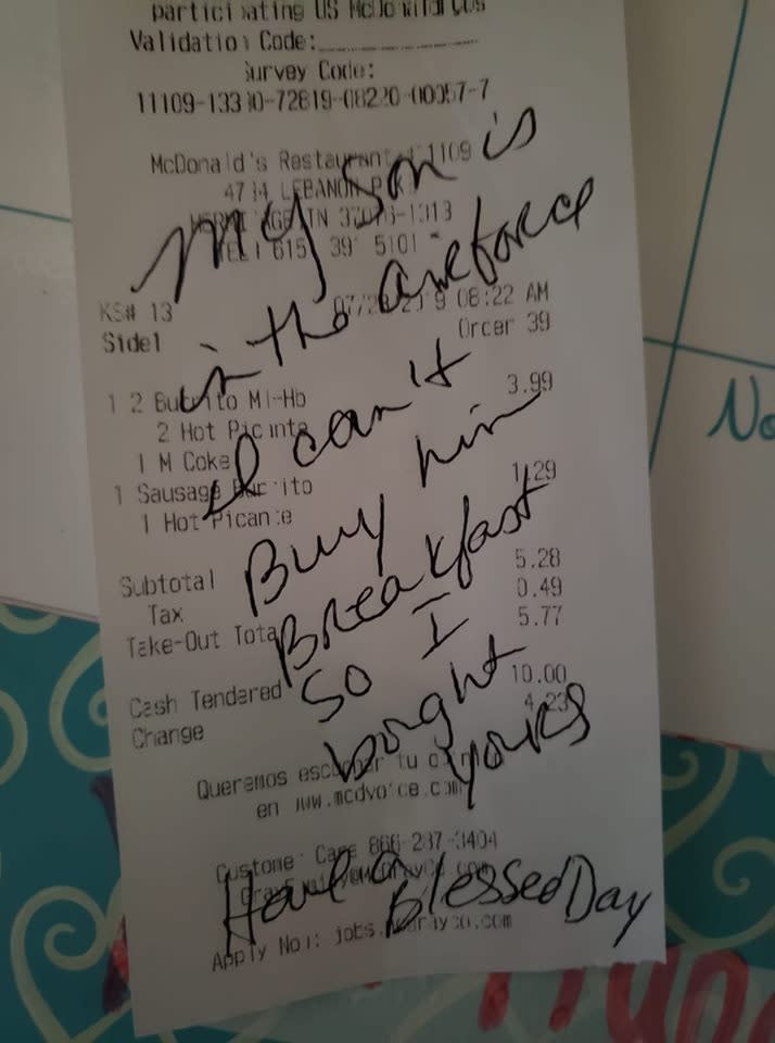 In honor of her son who was far from home, Caryn Hill bought the meal of a McDonald's customer behind her and left behind a not on their receipt. (Credit: Facebook/Heidi Goforth)