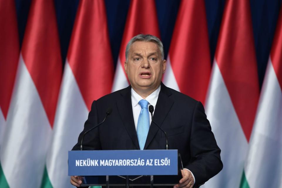 Hungarian Prime Minister and Chairman of FIDESZ party Viktor Orban delivers his state of the nation speech in front of his party members and sympathizers at Varkert Bazar cultural center in Budapest on February 10, 2019. (Photo by ATTILA KISBENEDEK/AFP/Getty Images)