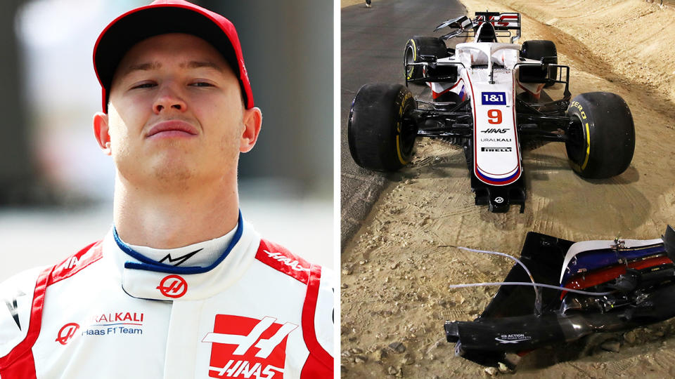 Haas F1 rookie Nikita Mazepin's lap one crash at the Bahrain GP prompted one rival to mock the Russian driver on Twitter. Pictures: Getty Images