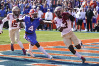 Florida State defensive back Jarvis Brownlee Jr. (3) runs past Florida wide receiver Justin Shorter (4) after intercepting a pass in the end zone during the first half of an NCAA college football game, Saturday, Nov. 27, 2021, in Gainesville, Fla. (AP Photo/John Raoux)