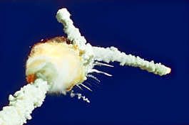 The space shuttle Challenger explodes shortly after lifting off from Kennedy Space Center in this Jan. 28, 1986, photo. All seven crew members died in the explosion, which was blamed on faulty o-rings in the shuttle\'s booster rockets.
