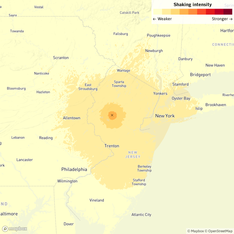 Map show intensity for an earthquake centered in New Jersey