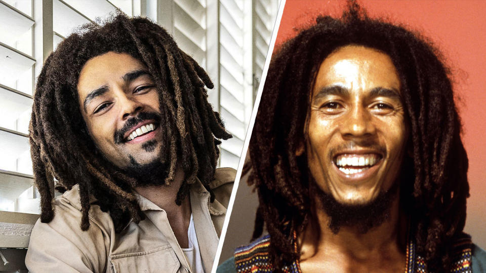 Kingsley Ben-Adir as Bob Marley in the biopic Bob Marley: One Love, and Bob Marley pictured in 1970. (Paramount/PA Images)