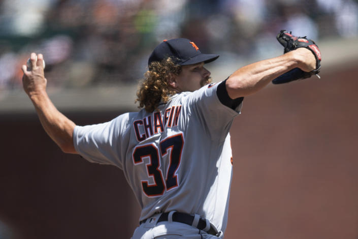 Detroit Tigers pitcher Andrew Chafin throws to a San Francisco Giants batter during the sixth inning of a baseball game Wednesday, June 29, 2022, in San Francisco. (AP Photo/D. Ross Cameron)