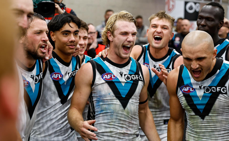 Jason Horne-Francis, pictured here celebrating with teammates after Port Adelaide's win over St Kilda.