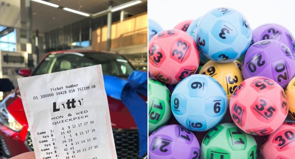Monday and Wednesday Lotto ticket in front of new car; numbered lotto balls