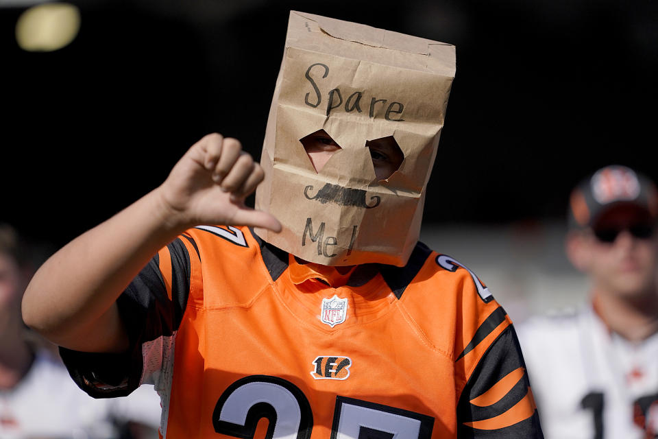 A fan wears a brown paper bag over his head during the NFL football game between the Cincinnati Bengals and Jacksonville Jaguars at Paul Brown Stadium on October 20, 2019 in Cincinnati, Ohio. (Photo by Bryan Woolston/Getty Images)