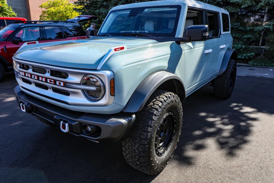 2021 Ford Bronco is displayed in the courtyard at the Ford Motor Co. Product Development Center in Dearborn, Mich. on Thursday, Oct. 1, 2020. The PDC, which saw the development of every Ford designed for America for over six decades, is being torn down to make room for a new high-tech campus.