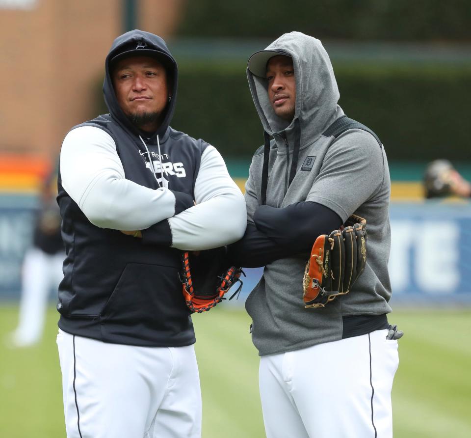 Tigers' Miguel Cabrera and Jonathan Schoop strike a pose before practice April 7, 2022 at Comerica Park.