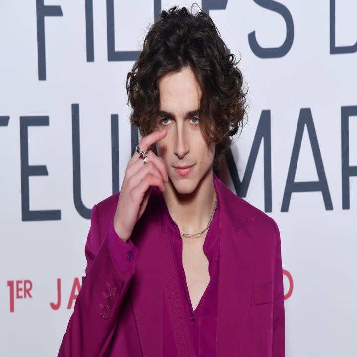 Timothée wearing a berry colored suit