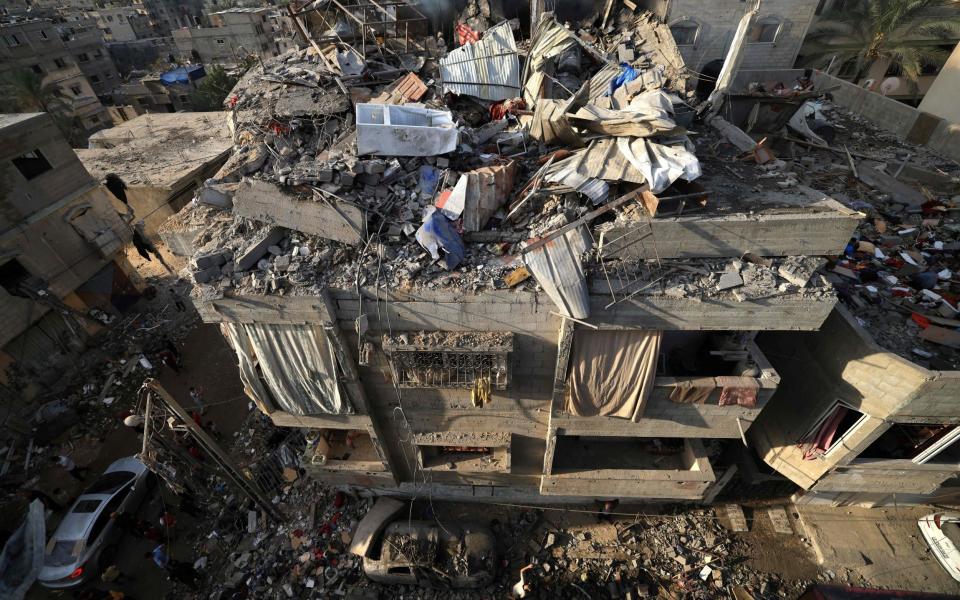 An over view of a destroyed building following Israeli bombardment of the Gaza Strip