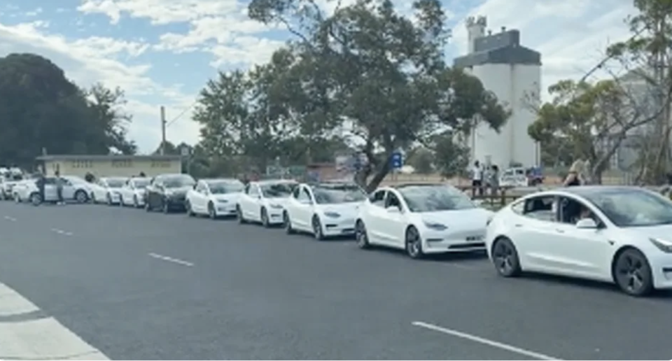 More than 10 Tesla EVs snapped waiting to charge in South Australia.