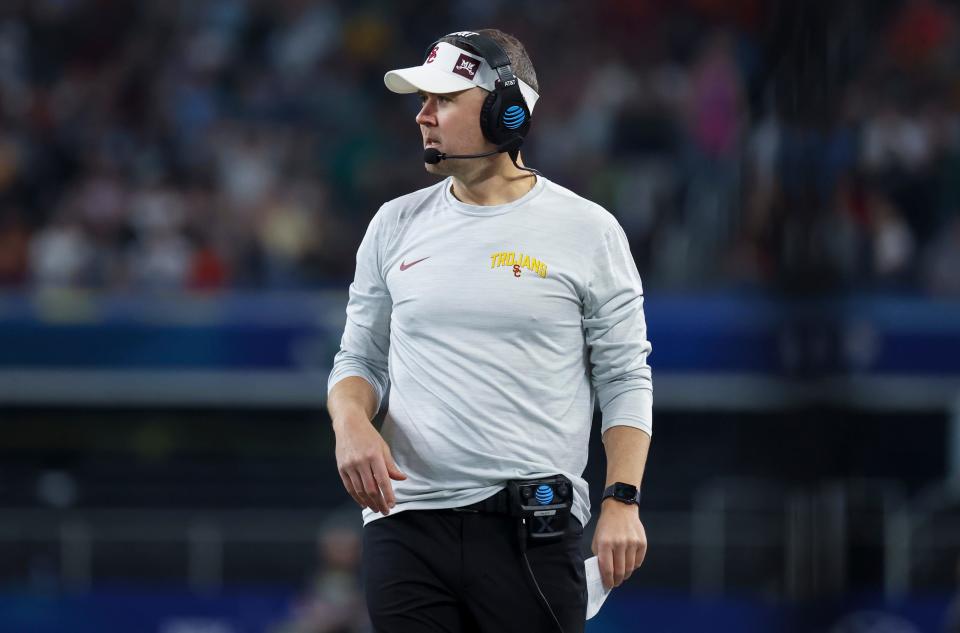 Jan 2, 2023; Arlington, Texas, USA; USC Trojans head coach Lincoln Riley reacts during the first half against the Tulane Green Wave  in the 2023 Cotton Bowl at AT&amp;T Stadium. Mandatory Credit: Kevin Jairaj-USA TODAY Sports