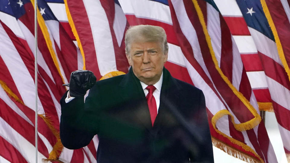 President Trump gestures as he arrives to speak at a rally in Washington, D.C., on Jan. 6, 2021. 