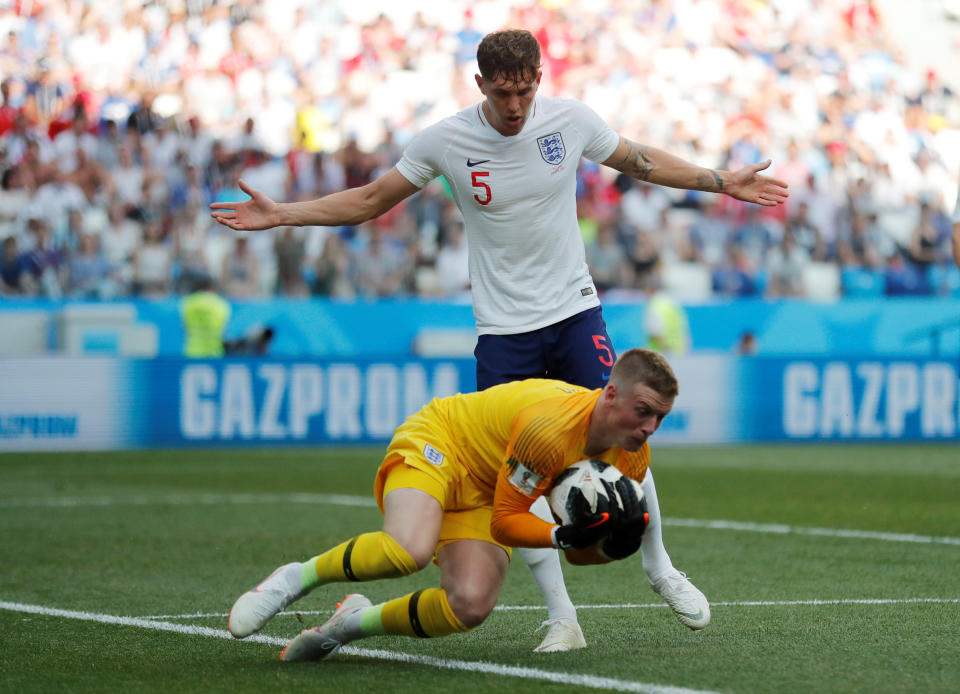 My ball: Jordan Pickford could do little about Panama’s goal