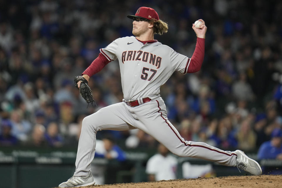 Arizona Diamondbacks relief pitcher Andrew Saalfrank throws to a Chicago Cubs batter during the sixth inning of a baseball game Thursday, Sept. 7, 2023, in Chicago. (AP Photo/Erin Hooley)