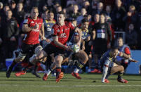 Crusaders Will Jordan passes the ball during the Super Rugby Aotearoa rugby game between the Crusaders and the Highlanders in Christchurch, New Zealand, Sunday, Aug. 9, 2020. (AP Photo/Mark Baker)