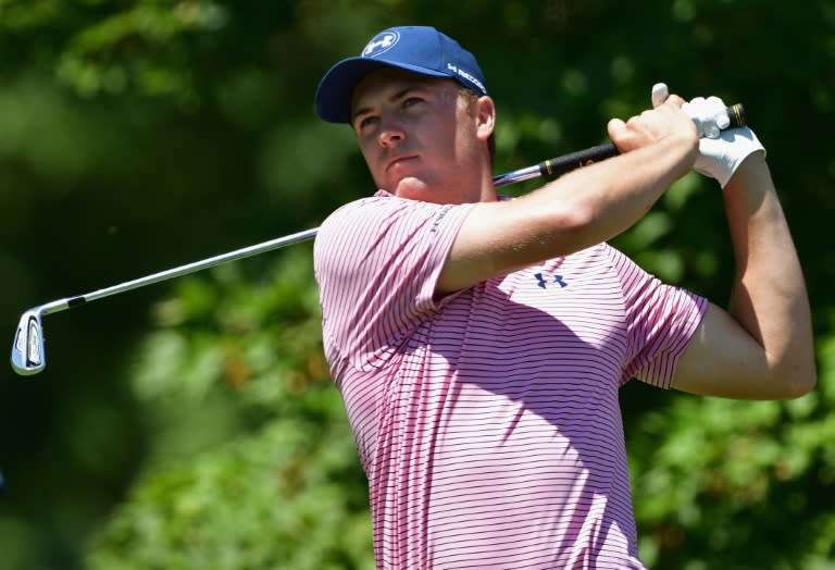 Jordan Spieth of the United States hits a tee shot during a practice round prior to the 2016 PGA Championship at Baltusrol Golf Club on July 26, 2016 in Springfield, New Jersey