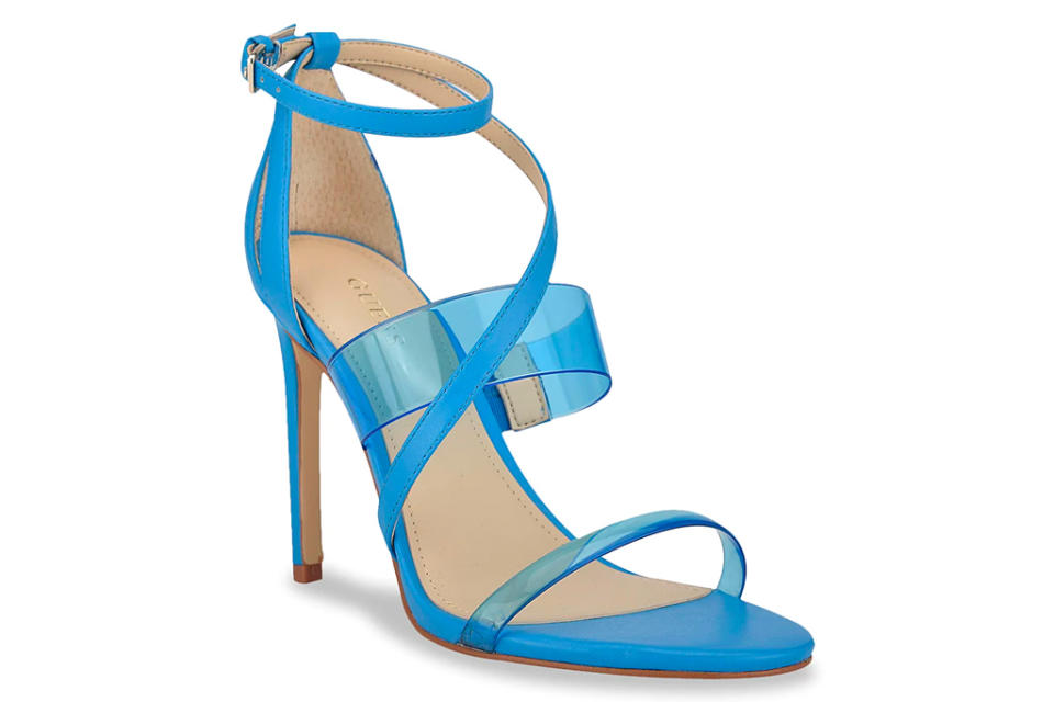 blue heels, sandals, guess