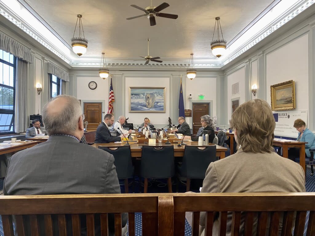 Rep. Bryce Edgmon, I-Dillingham, before presenting his bill that would increase internet speeds for rural Alaska schools to the Senate Finance Committee on March 25, 2024. (Photo by Claire Stremple/Alaska Beacon)