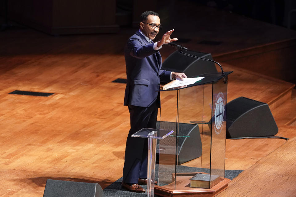 FILE- In this Oct. 25, 2019 file photo, former U.S. Rep. Kweisi Mfume speaks during funeral services for late U.S. Representative Elijah Cummings at the New Psalmist Baptist Church in Baltimore, MD. Mfume is running in a crowded special Democratic primary for a vacant congressional seat that was held by the late Elijah Cummings. (Joshua Roberts/Pool via AP, File)