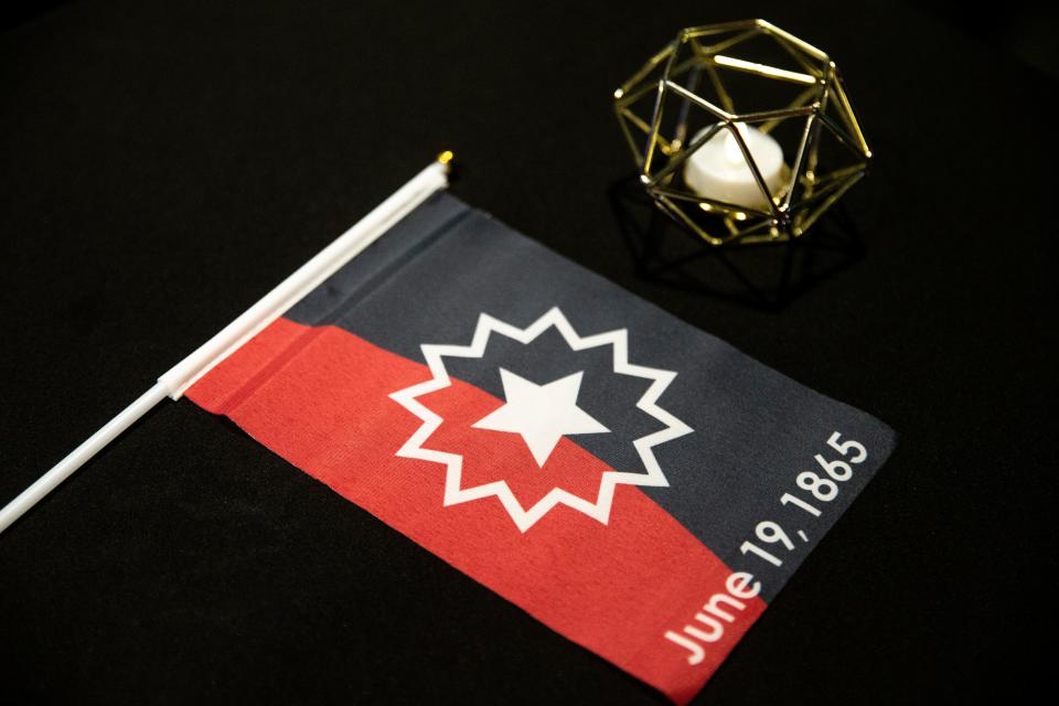 A Juneteenth flag at a celebration held at The Vogel Theatre in Red Bank on June 14, 2023.