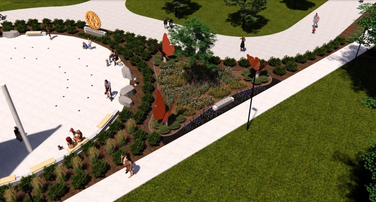 A rendering of the LaSalle skate trail shows a portion of the trail and foot path and the garden that will feature the relocated memorial plaques.  (Town of LaSalle - image credit)