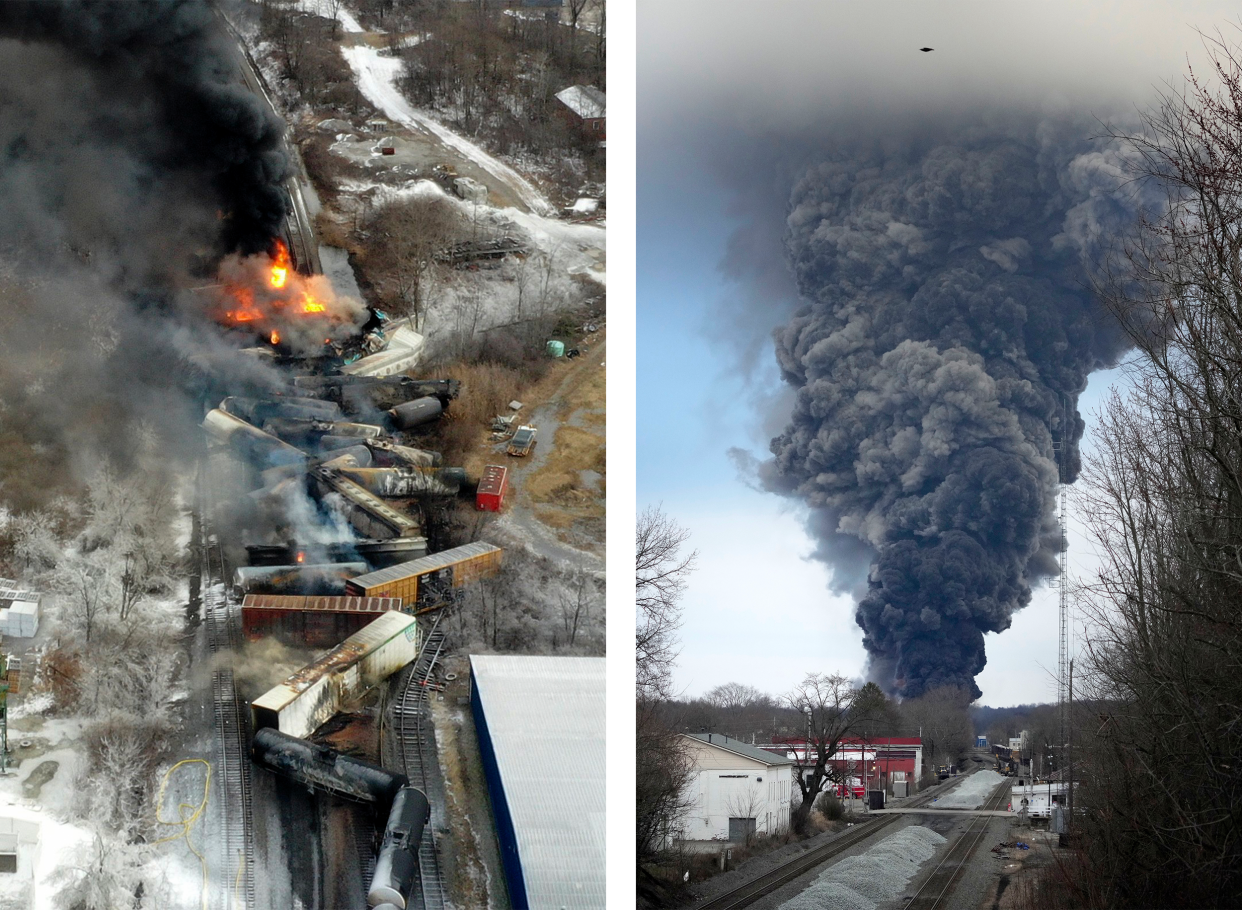 Image: At left, the Norfolk Southern freight train in flames after derailing near East Palestine on Feb. 4, 2023. At right, the plume of smoke rises from the derailment scene after a controlled detonation. (Gene J. Puskar / AP)