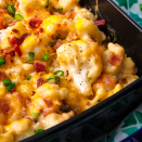 <p>This tastes like classic macaroni and cheese but instead of pasta, there's cauliflower. And lots of BACON. You definitely want to cook the cauliflower a little first so that it doesn't take forever in the oven. After about 30 minutes, you won't be able to stand it any longer. </p><p>Get the <a href="https://www.delish.com/uk/cooking/recipes/a28996453/loaded-cauliflower-bake-recipe/" rel="nofollow noopener" target="_blank" data-ylk="slk:Loaded Cauliflower Bake;elm:context_link;itc:0;sec:content-canvas" class="link ">Loaded Cauliflower Bake</a> recipe.</p>