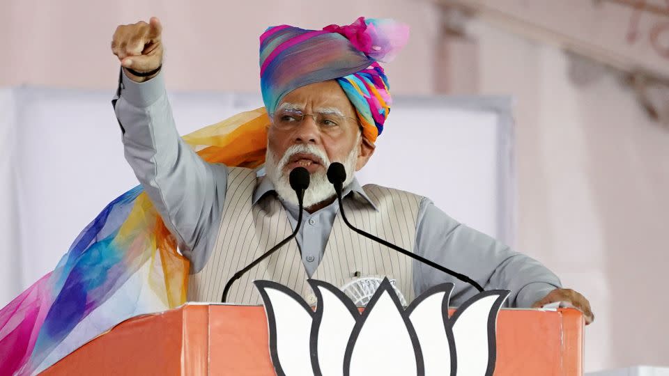 Prime Minister Narendra Modi addresses his supporters during an election campaign rally in Pushkar on April 6, 2024. - Himanshu Sharma/AFP/Getty Images