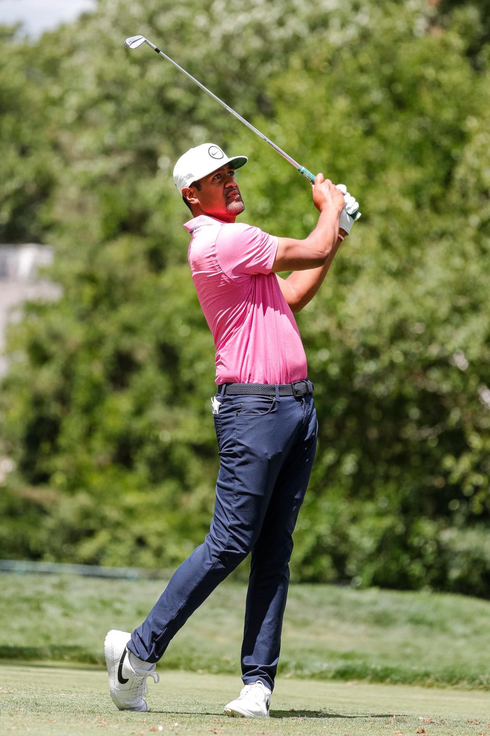 Tony Finau tees on the ninth hole during Round 2 of the Rocket Mortgage Classic at the Detroit Golf Club in Detroit on Friday, July 29, 2022.