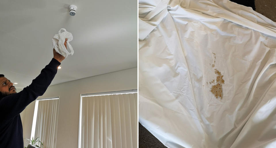 (Left) Mr Punjwani removes a plastic bag from a smoke alarm and (right) one of many stained sheets left behind. Images: Supplied