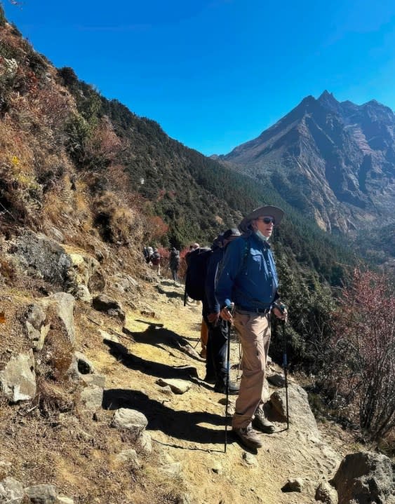 Walnut Creek Councilmember, Kevin Wilk, makes his way up a typical trail, a steep, uneven, rocky and boulder laden cliff with a steep drop off during a recent trip to the Mount Everest South Base Camp at 17,598″ in Nepal. Wilk left on Oct. 26 and returned on Nov. 18, 2023 with the ascent taking nine days and decent five days. He was on the mountain for a total of 15 days. (Kevin Wilk via Bay City News)