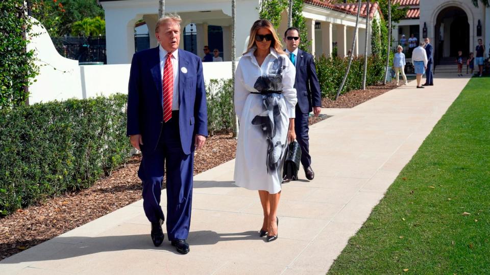 PHOTO: Republican presidential candidate former President Donald Trump and former first lady Melania Trump leave after voting in the Florida primary election in Palm Beach, Fla., on March 19, 2024.  (Wilfredo Lee/AP)