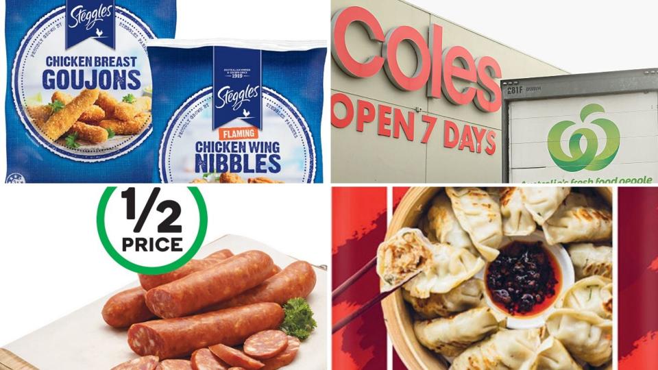 Crumbed chicken, chorizos and dumplings all selling at 50%-off at Woolworths and Coles this week.