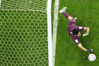 Morocco's goalkeeper Yassine Bounou saves a penalty kick during the World Cup round of 16 soccer match between Morocco and Spain, at the Education City Stadium in Al Rayyan, Qatar, Tuesday, Dec. 6, 2022. (AP Photo/Petr David Josek)