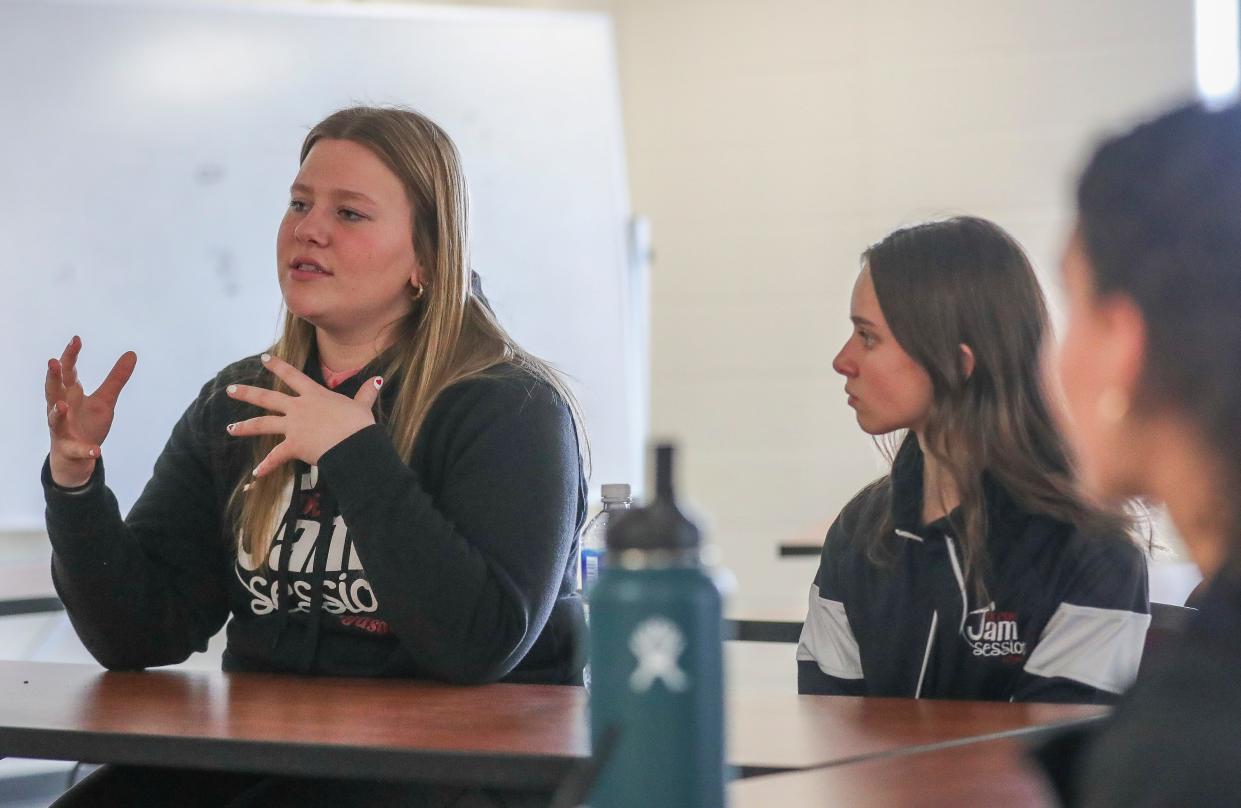 De Pere High School junior Marren VanRemortel, left, talks about Hope Squad at De Pere High School earlier this year. The program, now in its fourth year in the school district, aims to raise suicide awareness and give students the tools to help each other and seek help when needed.