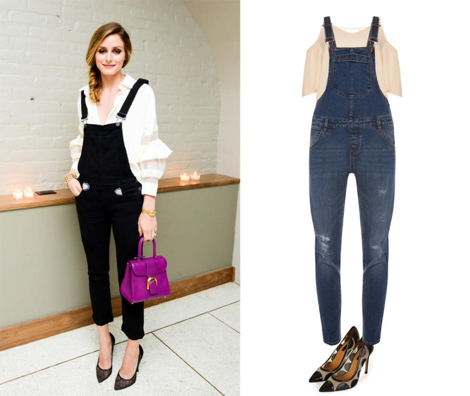 Still not convinced by the cropped jean thing? Skinny dungarees will take the saccharine edge off a froufrou sleeve just as well. Dart from day to night with a sharp pair of courts à la Olivia Palermo.