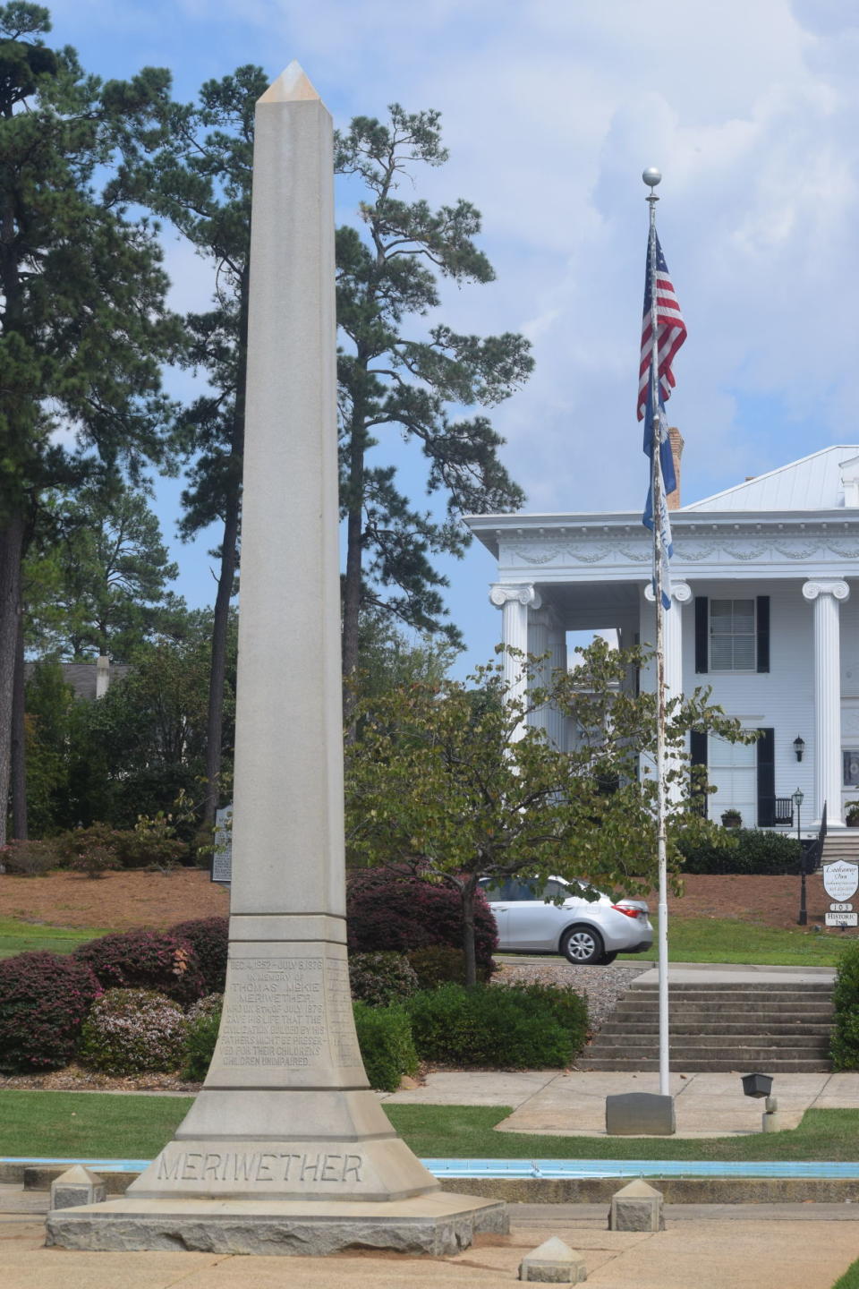 This undated photo shows the Meriwether monument in Calhoun Park in North Augusta, S.C. North Augusta Mayor Bob Petitt wants to add memorials to the eight black men who were killed by white supremacists in 1876 to the monument honoring the only white man killed in the gunfight. (Lindsey Hodges/The Aiken Standard via AP)